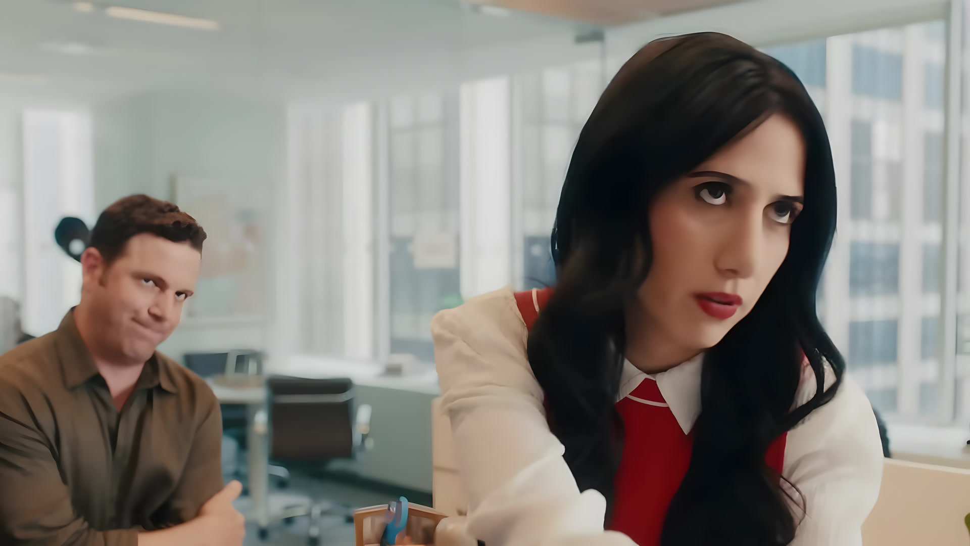 Red vest, white blouse, close
