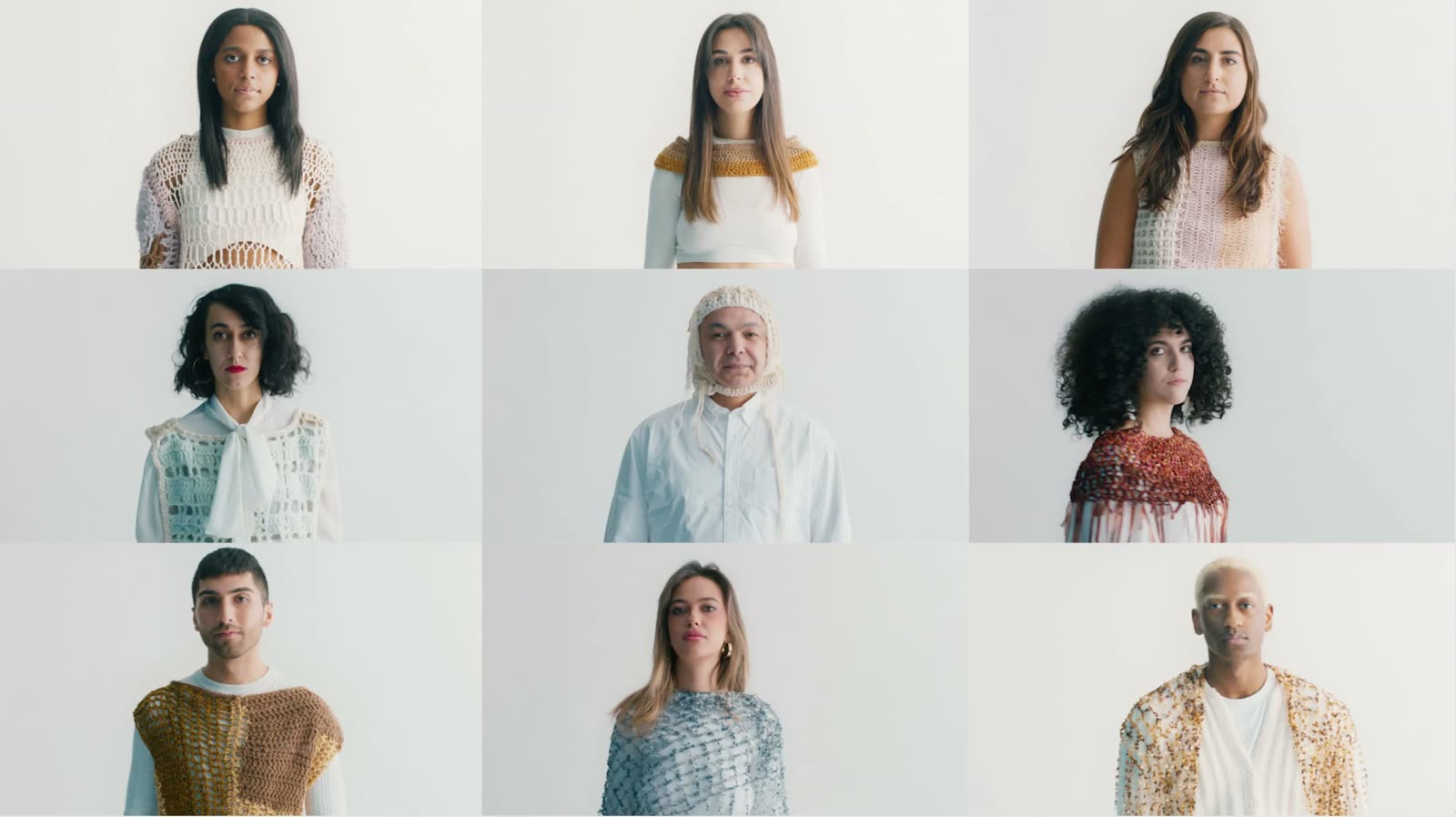 Grid of nine portraits of people in crochet and knit tops on a white backdrop, Facetime video still